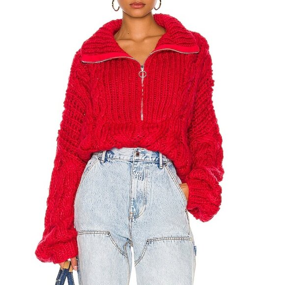 NWT FOR LOVE AND LEMONS ANDIE ZIP FRONT RED CABLE KNIT SWEATER #2 SIZE M - Picture 1 of 7